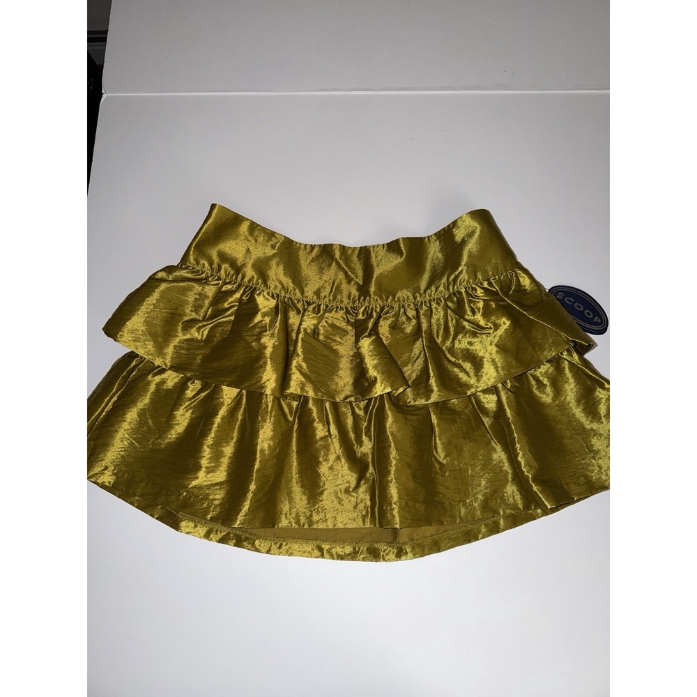 Scoop Women XL Tiered Ruffle Mini Skirt Olive Green Yellow Elastic Party NWT